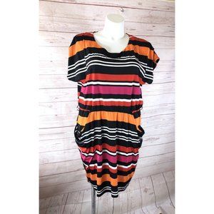 Dots Brand Women's XL Black Pink Orange Striped Dress w/ pockets short sleeve